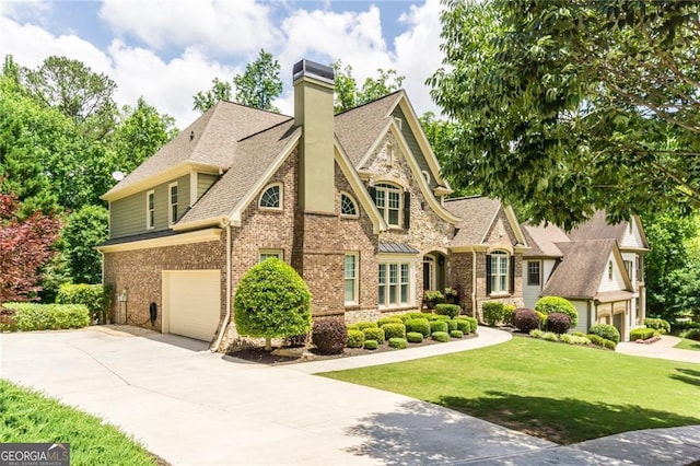 702 Crescent Cir, Canton, GA 30115 - view of front of property featuring driveway, a garage, roof with shingles, a front lawn, and a chimney