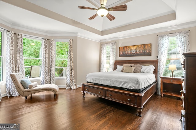 702 Crescent Cir, Canton, GA 30115 - bedroom with a raised ceiling, wood finished floors, baseboards, crown molding, and a ceiling fan