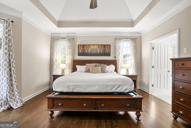 702 Crescent Cir, Canton, GA 30115 - bedroom with vaulted ceiling, dark wood-style floors, baseboards, multiple windows, and ornamental molding