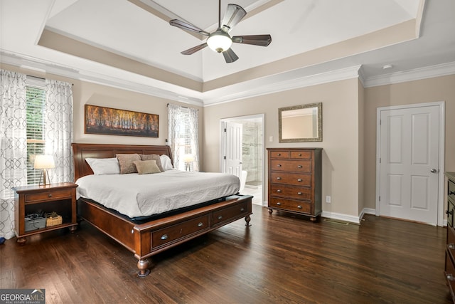702 Crescent Cir, Canton, GA 30115 - bedroom with a raised ceiling, wood finished floors, crown molding, baseboards, and connected bathroom