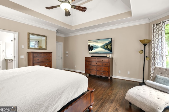 702 Crescent Cir, Canton, GA 30115 - bedroom featuring a tray ceiling, dark wood-type flooring, baseboards, and ornamental molding