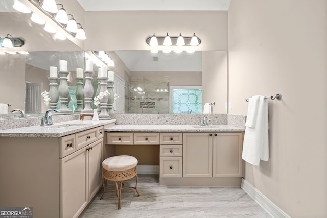 702 Crescent Cir, Canton, GA 30115 - full bath with tiled shower, vanity, marble look tile flooring, and baseboards