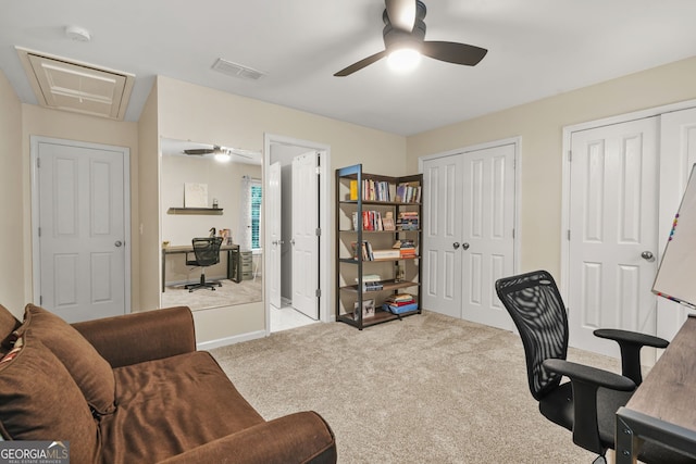 702 Crescent Cir, Canton, GA 30115 - office space with attic access, a ceiling fan, carpet flooring, and baseboards