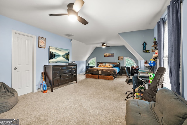 702 Crescent Cir, Canton, GA 30115 - carpeted bedroom featuring lofted ceiling and ceiling fan