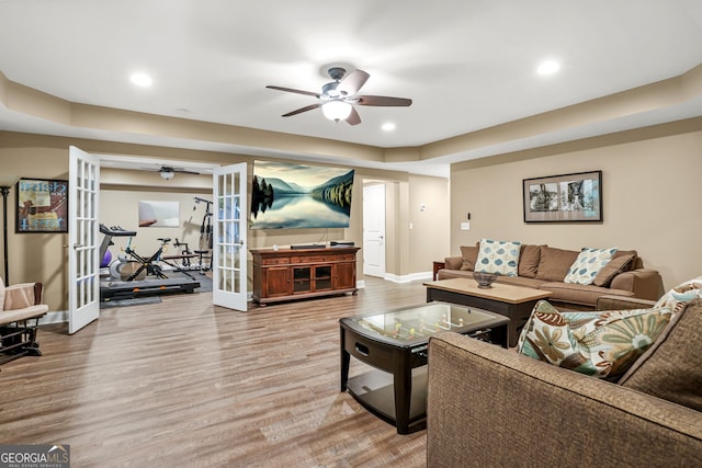 702 Crescent Cir, Canton, GA 30115 - living room with french doors, a ceiling fan, wood finished floors, baseboards, and recessed lighting