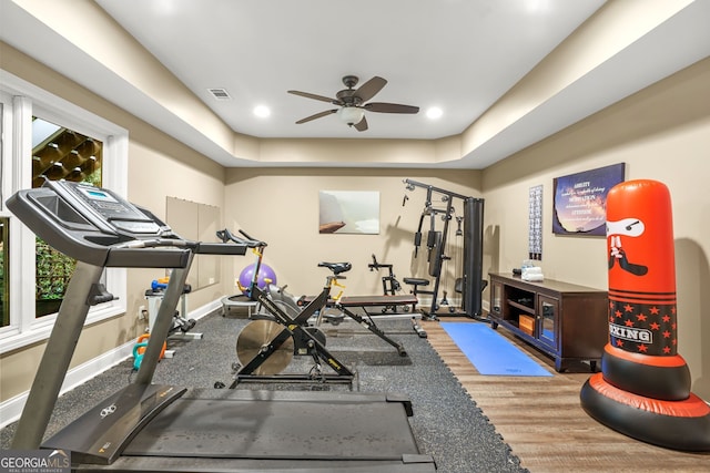 702 Crescent Cir, Canton, GA 30115 - exercise room featuring a ceiling fan, baseboards, wood finished floors, and recessed lighting