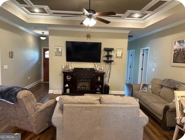 4961 Bentwood Ct, Valdosta, GA 31601 - living room with ornamental molding, coffered ceiling, a ceiling fan, wood finished floors, and baseboards