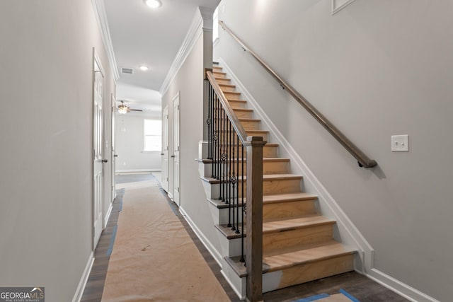 2721 Fareed St, Douglasville, GA 30135 - staircase featuring ornamental molding, baseboards, recessed lighting, and ceiling fan