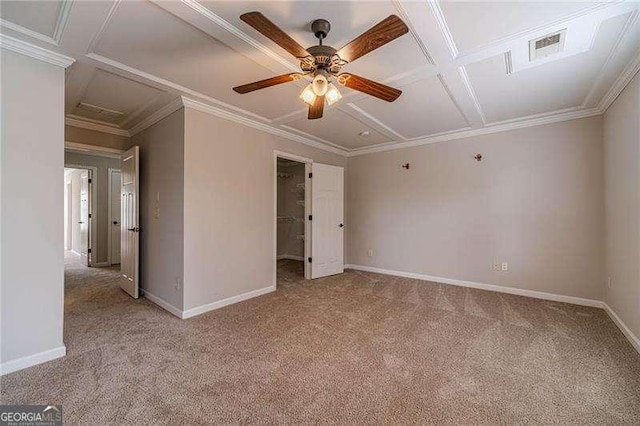 2500 Morgan Chase Dr, Buford, GA 30519 - unfurnished room featuring light colored carpet, coffered ceiling, a ceiling fan, crown molding, and attic access