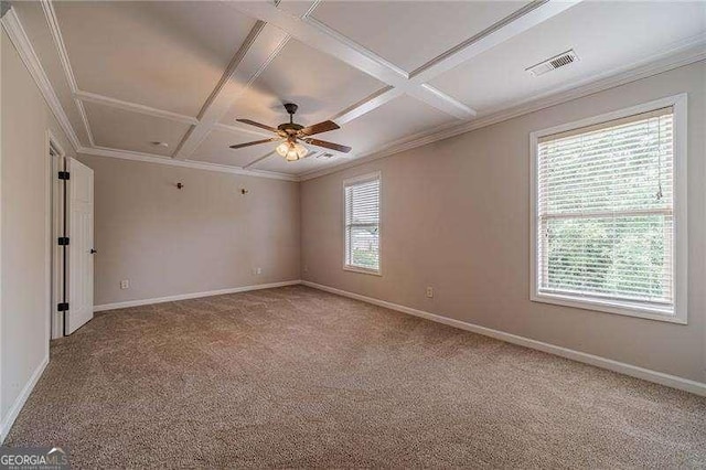 2500 Morgan Chase Dr, Buford, GA 30519 - carpeted spare room featuring coffered ceiling, baseboards, attic access, ceiling fan, and ornamental molding