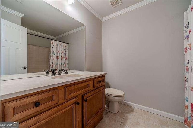 2500 Morgan Chase Dr, Buford, GA 30519 - bathroom featuring vanity, tile patterned floors, crown molding, and a shower with shower curtain
