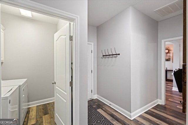 2977 William Few Pkwy, Evans, GA 30809 - washroom featuring washing machine and clothes dryer, dark wood-style flooring, and baseboards