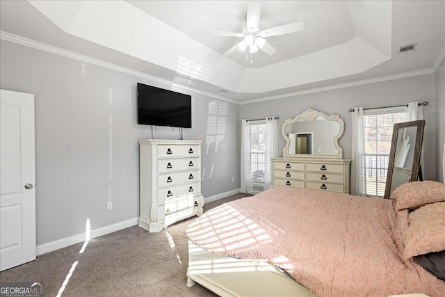 2977 William Few Pkwy, Evans, GA 30809 - carpeted bedroom with a tray ceiling, ornamental molding, baseboards, and ceiling fan