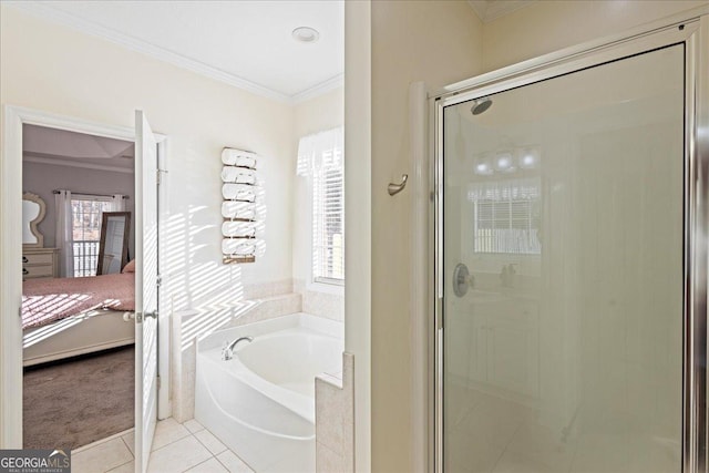 2977 William Few Pkwy, Evans, GA 30809 - full bathroom with ensuite bath, ornamental molding, a bath, a stall shower, and tile patterned floors