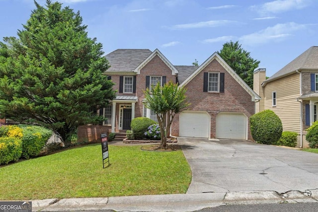 4815 Rapids Cir NW, Acworth, GA 30102 - traditional-style house featuring brick siding, driveway, a front yard, and a garage