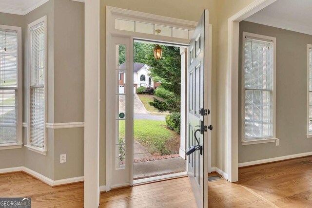 4815 Rapids Cir NW, Acworth, GA 30102 - entryway featuring light wood finished floors, plenty of natural light, and ornamental molding