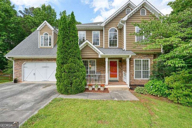2004 Spicers Ln, Woodstock, GA 30189 - view of front of home with a porch, driveway, a front yard, stone siding, and roof with shingles