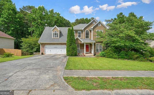 2004 Spicers Ln, Woodstock, GA 30189 - traditional-style house featuring driveway, an attached garage, covered porch, and brick siding