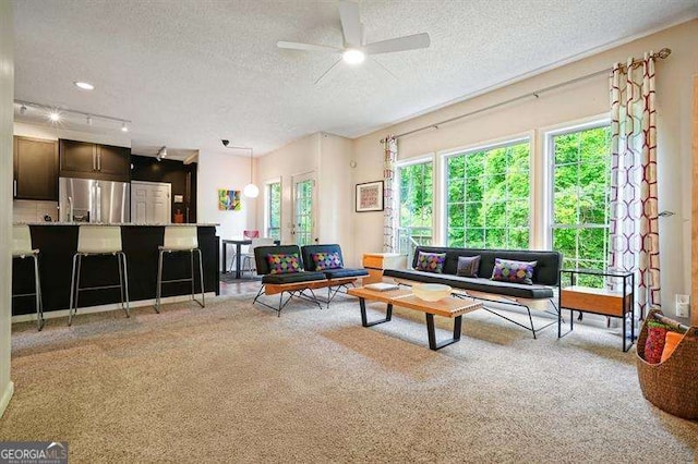2004 Spicers Ln, Woodstock, GA 30189 - living area featuring a textured ceiling, light colored carpet, and ceiling fan