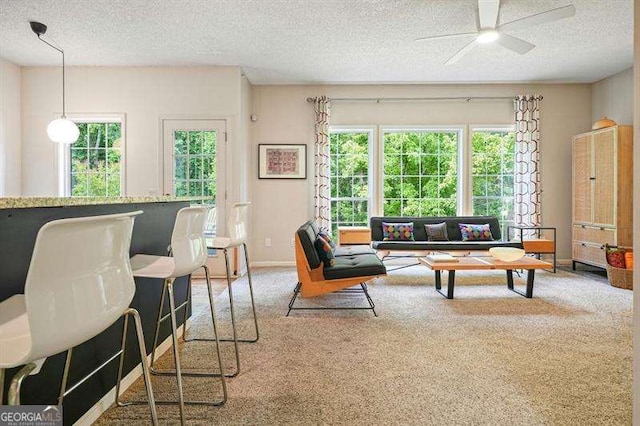 2004 Spicers Ln, Woodstock, GA 30189 - carpeted living room featuring a ceiling fan, a textured ceiling, and baseboards