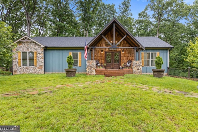 6224 Eagle Ct, Gainesville, GA 30506 - view of front of house with stone siding, board and batten siding, french doors, and roof with shingles