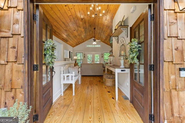 6224 Eagle Ct, Gainesville, GA 30506 - foyer with vaulted ceiling, wood ceiling, a ceiling fan, light wood-style flooring, and a chandelier