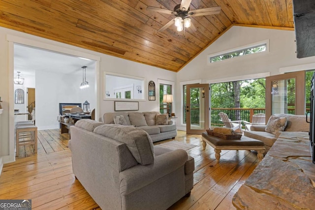 6224 Eagle Ct, Gainesville, GA 30506 - living room with wood ceiling, light wood-style floors, high vaulted ceiling, and ceiling fan