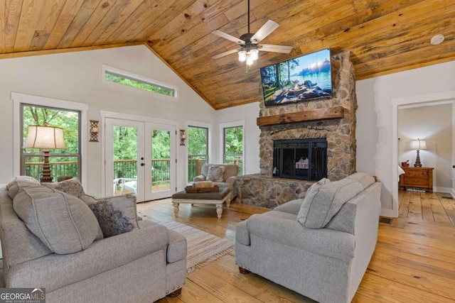 6224 Eagle Ct, Gainesville, GA 30506 - living room with wooden ceiling, light wood finished floors, a fireplace, high vaulted ceiling, and ceiling fan