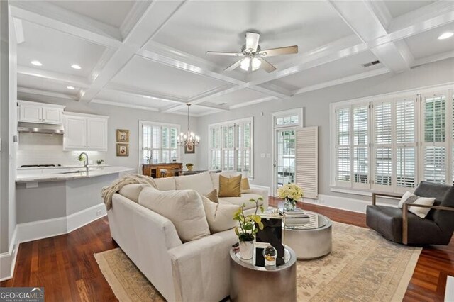 1070 Standard Dr NE, Brookhaven, GA 30319 - living area featuring coffered ceiling, a chandelier, dark wood-type flooring, recessed lighting, and a ceiling fan