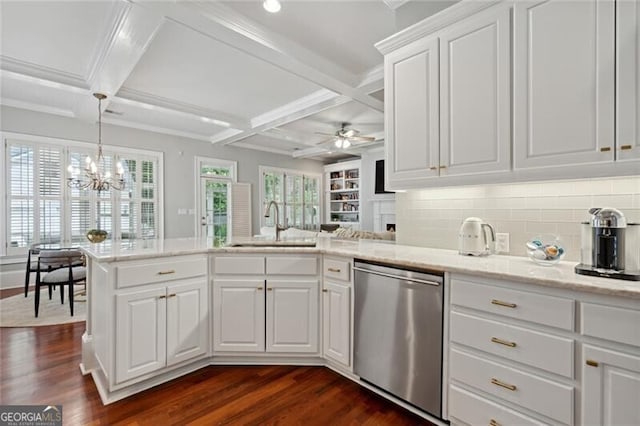 1070 Standard Dr NE, Brookhaven, GA 30319 - kitchen with dishwasher, a peninsula, dark wood-style flooring, coffered ceiling, and backsplash