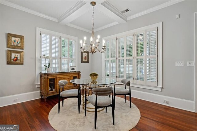 1070 Standard Dr NE, Brookhaven, GA 30319 - dining room featuring wood finished floors, beam ceiling, a chandelier, coffered ceiling, and crown molding