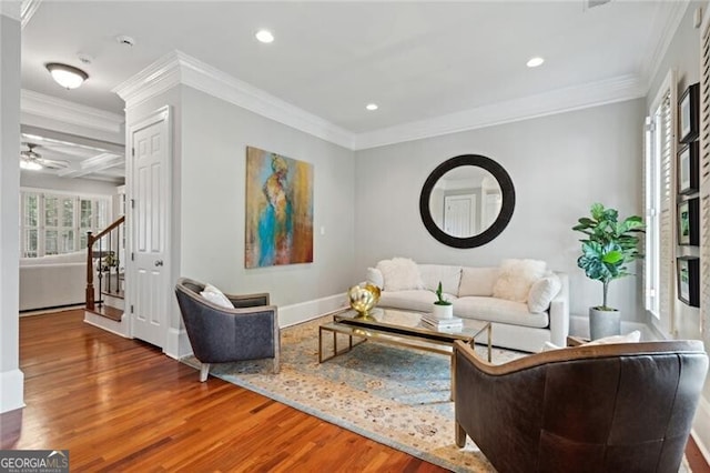 1070 Standard Dr NE, Brookhaven, GA 30319 - living area with wood finished floors, recessed lighting, ornamental molding, stairway, and a ceiling fan