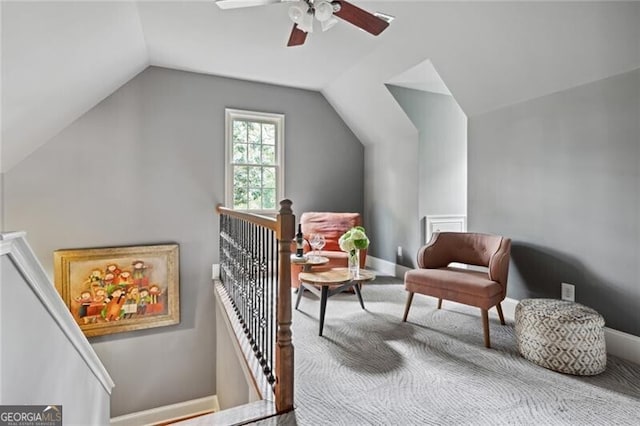 1070 Standard Dr NE, Brookhaven, GA 30319 - sitting room featuring an upstairs landing, vaulted ceiling, ceiling fan, and carpet flooring