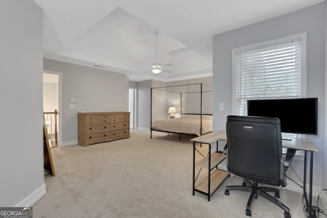 11280 Brookhollow Trl, Alpharetta, GA 30022 - carpeted home office with a raised ceiling and a ceiling fan