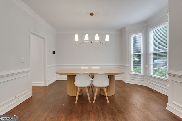 11280 Brookhollow Trl, Alpharetta, GA 30022 - unfurnished dining area with a chandelier, dark wood-style flooring, ornamental molding, and wainscoting