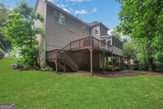 11280 Brookhollow Trl, Alpharetta, GA 30022 - rear view of property with a wooden deck, stairs, and a yard