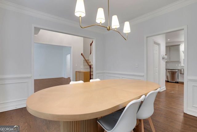 11280 Brookhollow Trl, Alpharetta, GA 30022 - dining space with a chandelier, ornamental molding, stairway, dark wood finished floors, and wainscoting