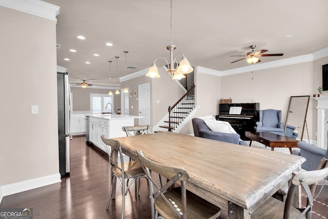 5910 Terrace Bend Way, Peachtree Corners, GA 30092 - dining room featuring a ceiling fan, crown molding, dark wood-style flooring, recessed lighting, and stairway