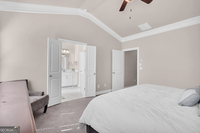 5910 Terrace Bend Way, Peachtree Corners, GA 30092 - bedroom with lofted ceiling, carpet, ornamental molding, ensuite bath, and ceiling fan