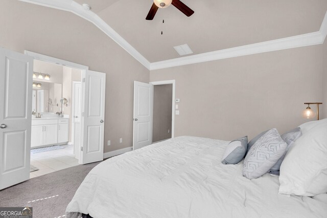 5910 Terrace Bend Way, Peachtree Corners, GA 30092 - bedroom featuring lofted ceiling, ornamental molding, light colored carpet, ensuite bathroom, and light tile patterned flooring
