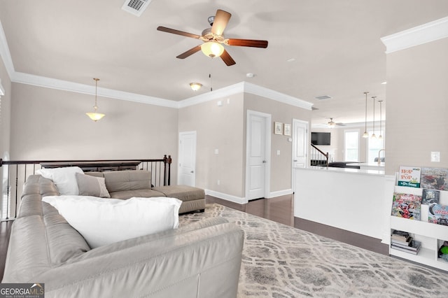 5910 Terrace Bend Way, Peachtree Corners, GA 30092 - bedroom featuring crown molding, dark wood-type flooring, and a ceiling fan