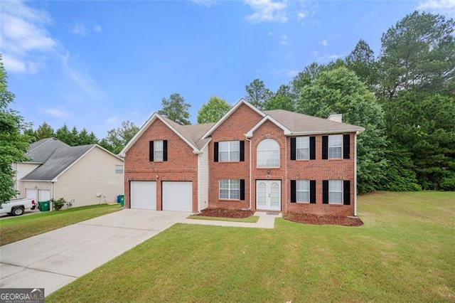 1486 Rogers Crossing Dr, Lithonia, GA 30058 - colonial home featuring driveway, brick siding, an attached garage, and a front lawn