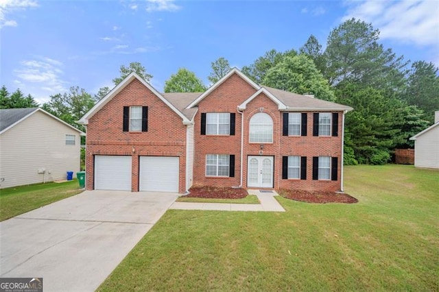 1486 Rogers Crossing Dr, Lithonia, GA 30058 - colonial home with brick siding, concrete driveway, an attached garage, a front lawn, and french doors