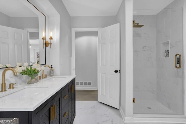 696 Kenilworth Cir, Stone Mountain, GA 30083 - bathroom with marble finish floors, a marble finish shower, double vanity, and baseboards