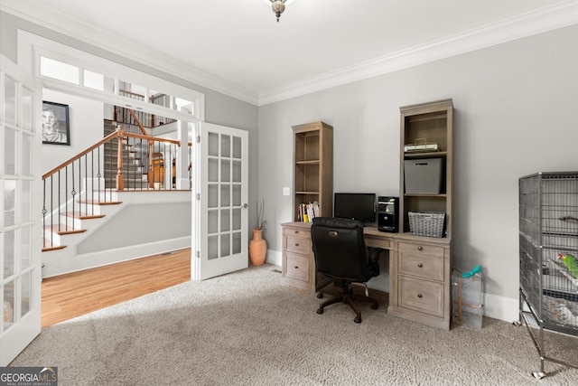 979 Pathview Ct, Dacula, GA 30019 - home office featuring french doors, crown molding, carpet flooring, and baseboards