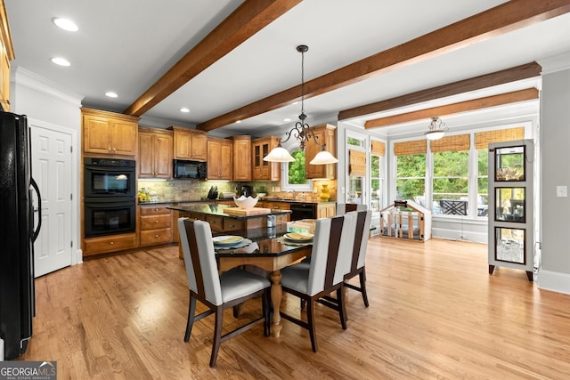 979 Pathview Ct, Dacula, GA 30019 - dining area with light wood-style flooring, crown molding, beamed ceiling, recessed lighting, and baseboards