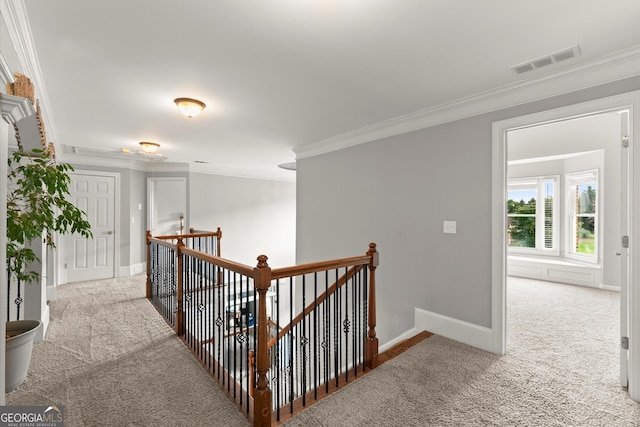 979 Pathview Ct, Dacula, GA 30019 - corridor featuring an upstairs landing, carpet, ornamental molding, and baseboards