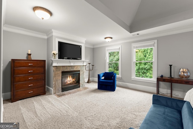 979 Pathview Ct, Dacula, GA 30019 - living room with crown molding, baseboards, a fireplace, and carpet floors