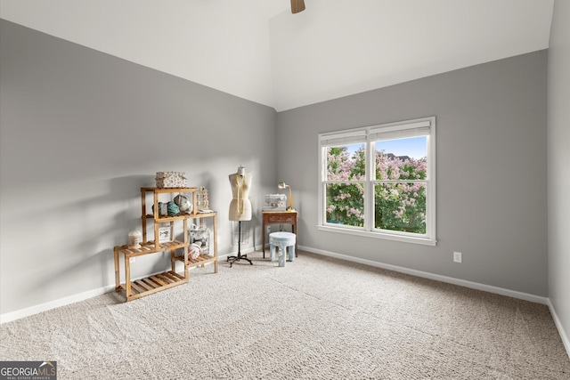 979 Pathview Ct, Dacula, GA 30019 - living area featuring carpet floors, baseboards, high vaulted ceiling, and a ceiling fan