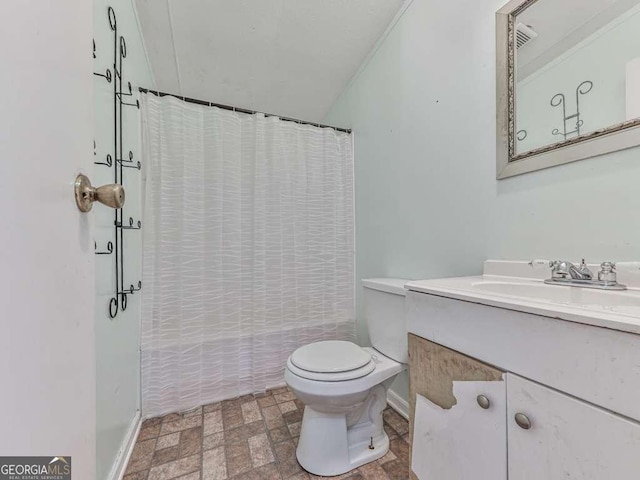 108 Casual Ridge Run, Jasper, GA 30143 - bathroom featuring vanity, toilet, shower / tub combo with curtain, baseboards, and stone finish floors
